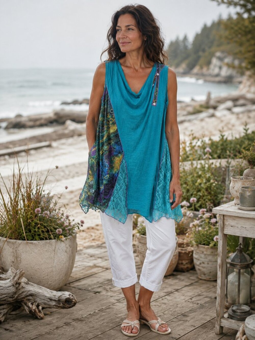 PAPA Teal Mixed Media Cowl Neck Tunic Lace Lagenlook Boho Chic Relaxed Coastal S